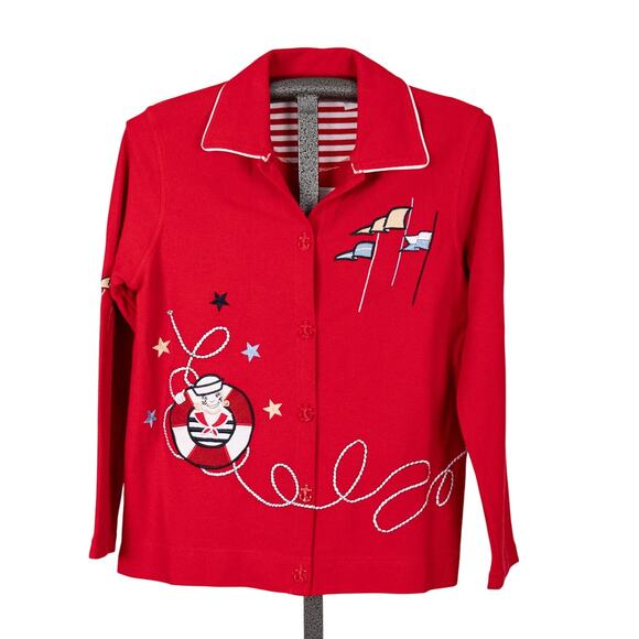 Vintage Nautical Theme Cardigan Jacket SMALL Anchor Buttons Cruise Ship Travel - Picture 1 of 10